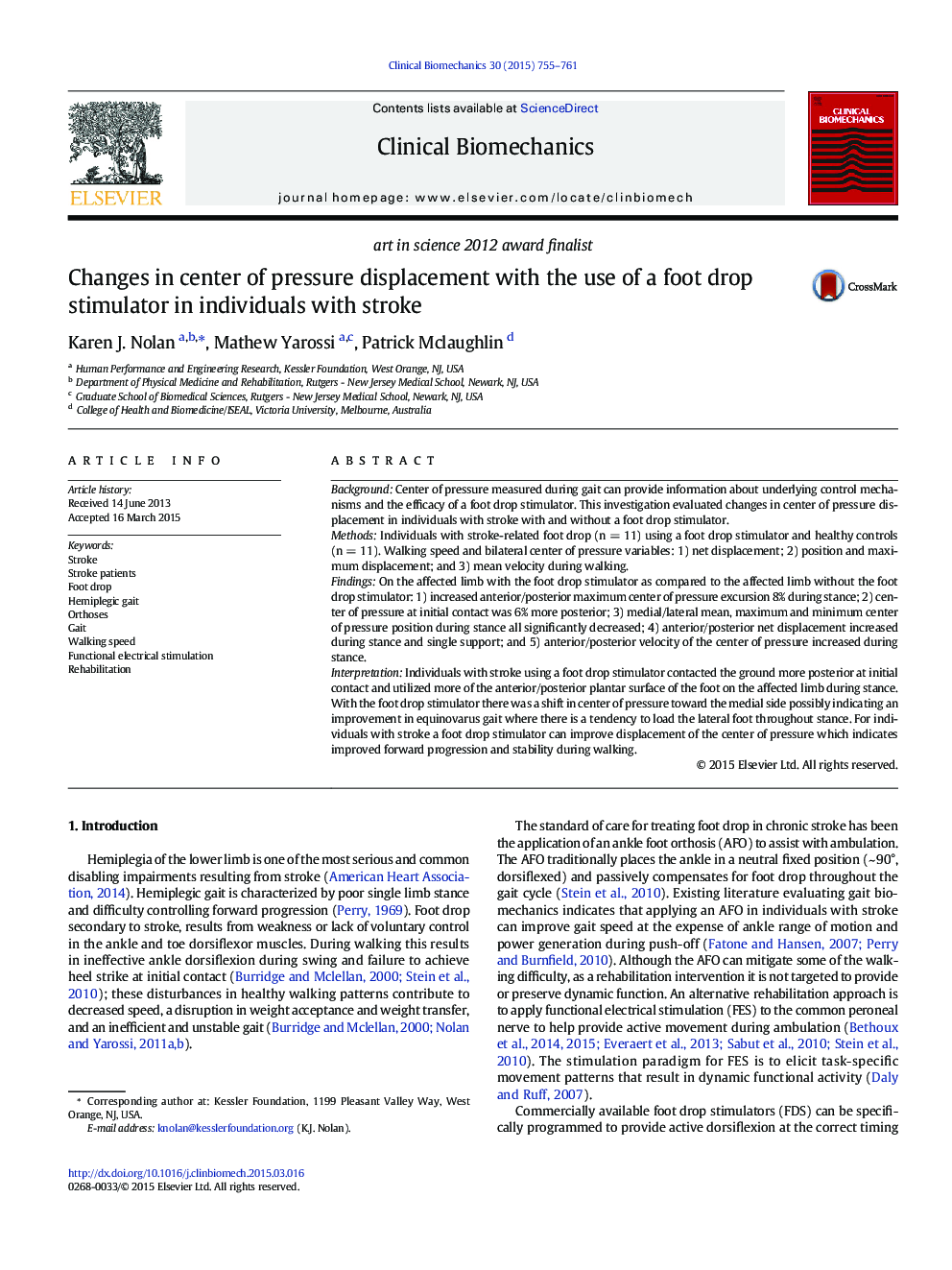 Changes in center of pressure displacement with the use of a foot drop stimulator in individuals with stroke