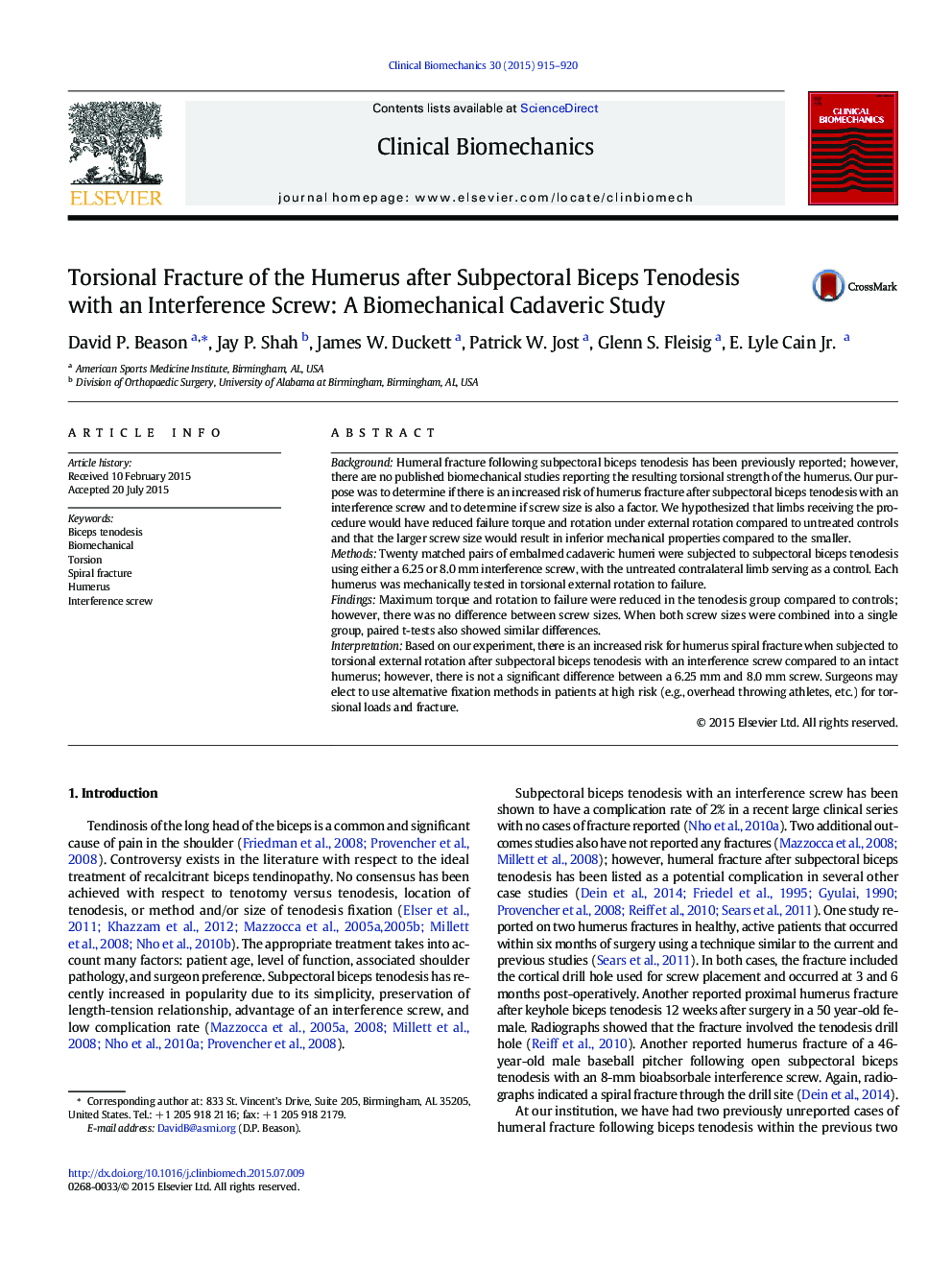 Torsional Fracture of the Humerus after Subpectoral Biceps Tenodesis with an Interference Screw: A Biomechanical Cadaveric Study