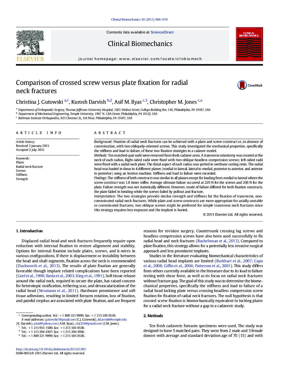 Comparison of crossed screw versus plate fixation for radial neck fractures