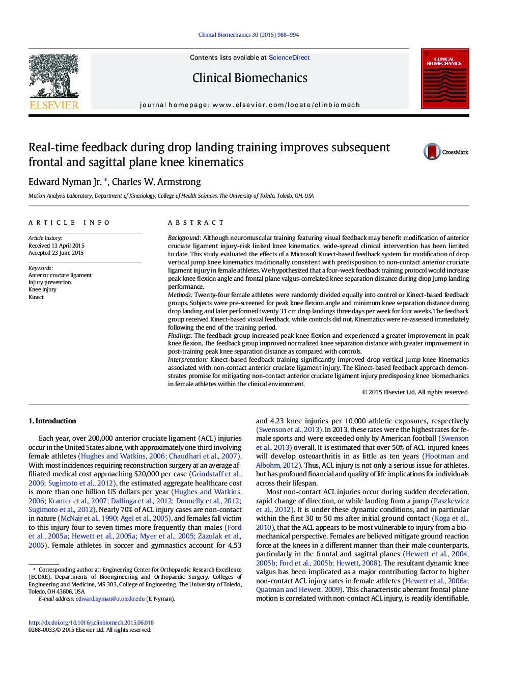 Real-time feedback during drop landing training improves subsequent frontal and sagittal plane knee kinematics