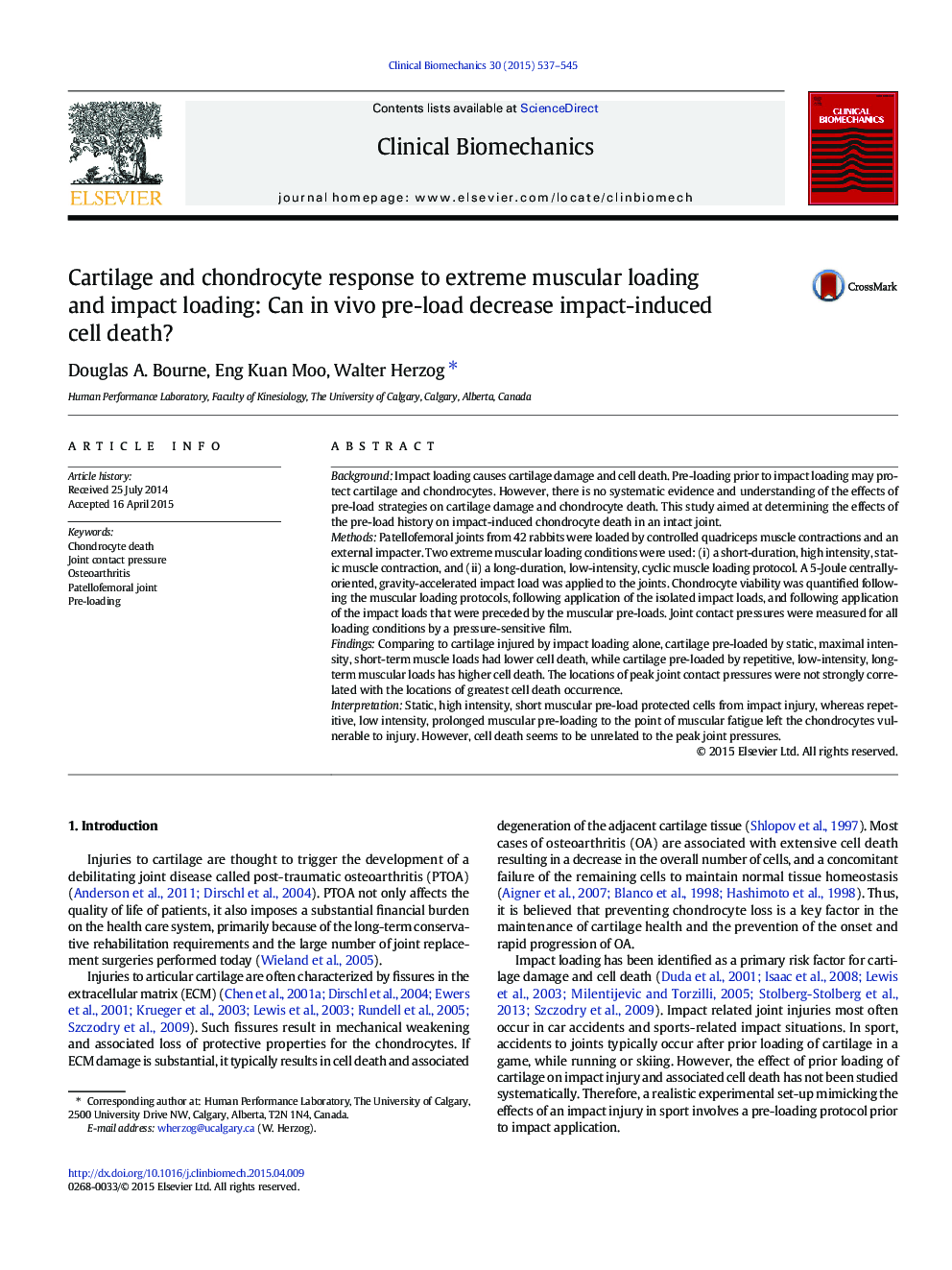 Cartilage and chondrocyte response to extreme muscular loading and impact loading: Can in vivo pre-load decrease impact-induced cell death?