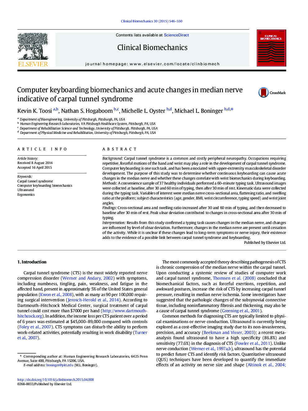 Computer keyboarding biomechanics and acute changes in median nerve indicative of carpal tunnel syndrome