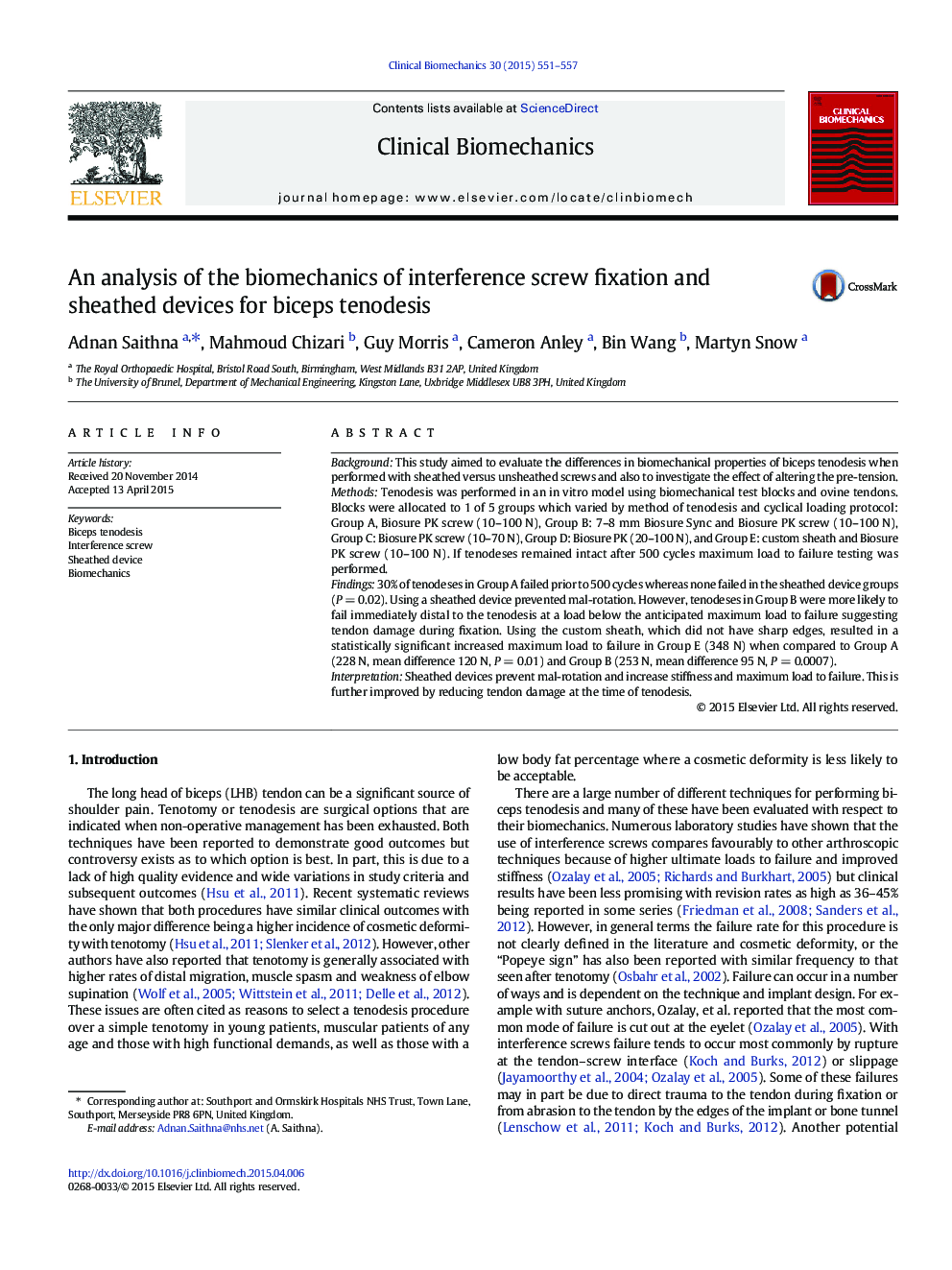 An analysis of the biomechanics of interference screw fixation and sheathed devices for biceps tenodesis