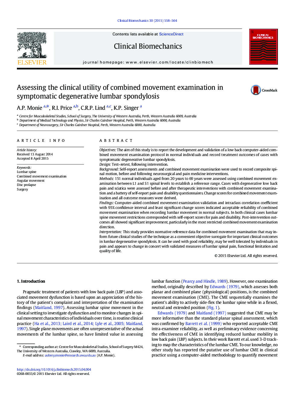 Assessing the clinical utility of combined movement examination in symptomatic degenerative lumbar spondylosis