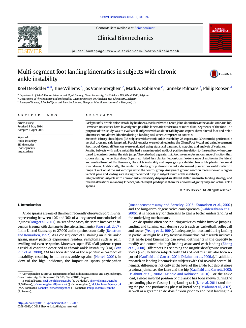 Multi-segment foot landing kinematics in subjects with chronic ankle instability