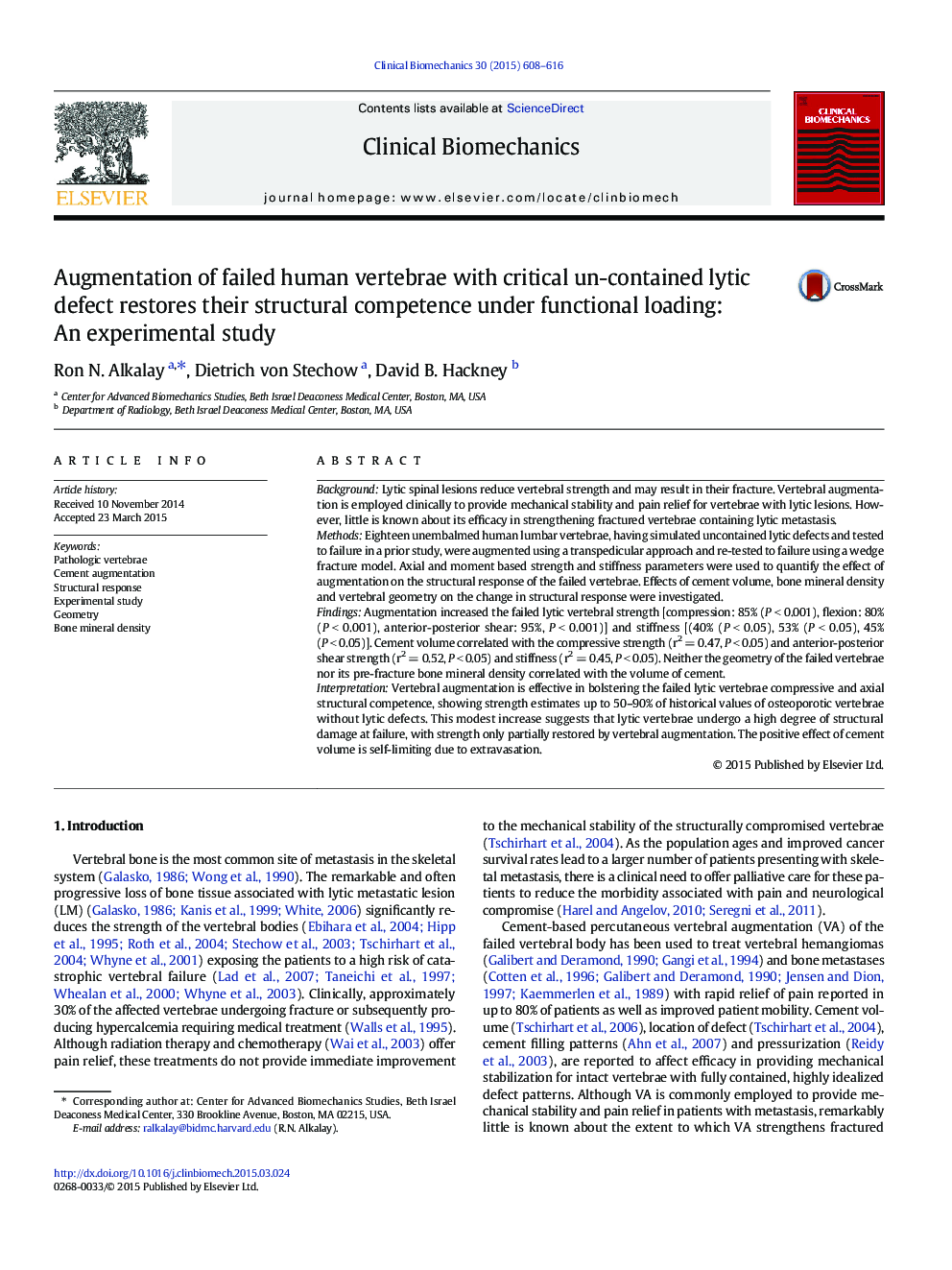 Augmentation of failed human vertebrae with critical un-contained lytic defect restores their structural competence under functional loading: An experimental study