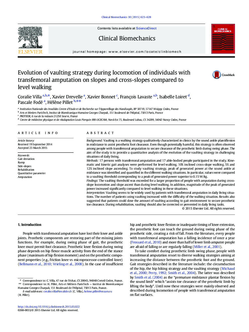 Evolution of vaulting strategy during locomotion of individuals with transfemoral amputation on slopes and cross-slopes compared to level walking