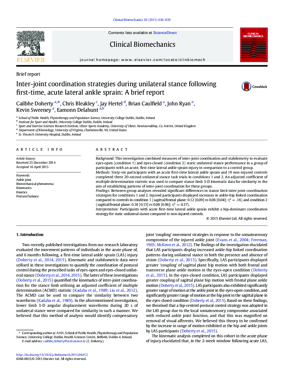 Inter-joint coordination strategies during unilateral stance following first-time, acute lateral ankle sprain: A brief report