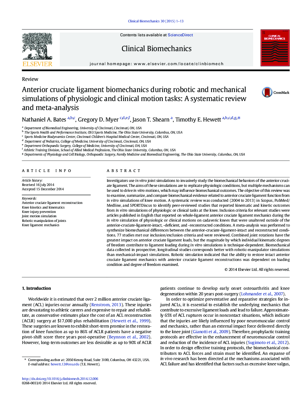 Anterior cruciate ligament biomechanics during robotic and mechanical simulations of physiologic and clinical motion tasks: A systematic review and meta-analysis