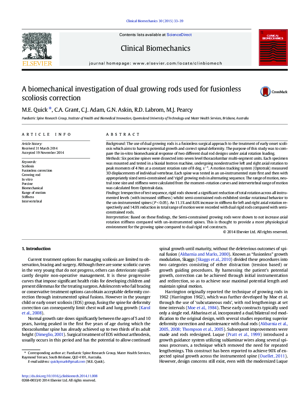 A biomechanical investigation of dual growing rods used for fusionless scoliosis correction