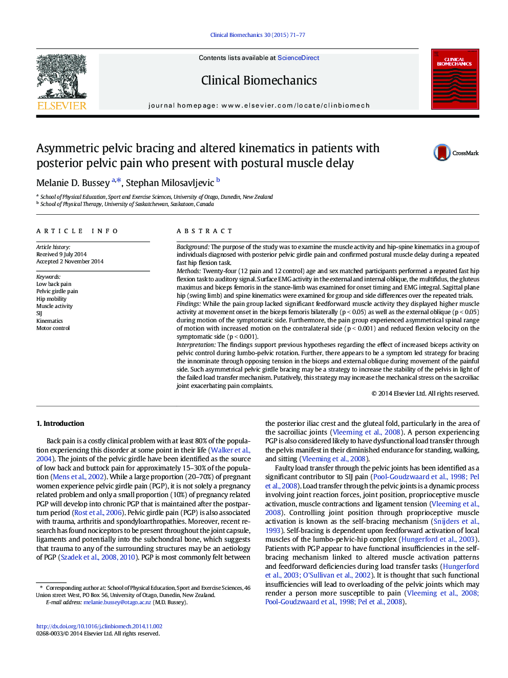 Asymmetric pelvic bracing and altered kinematics in patients with posterior pelvic pain who present with postural muscle delay