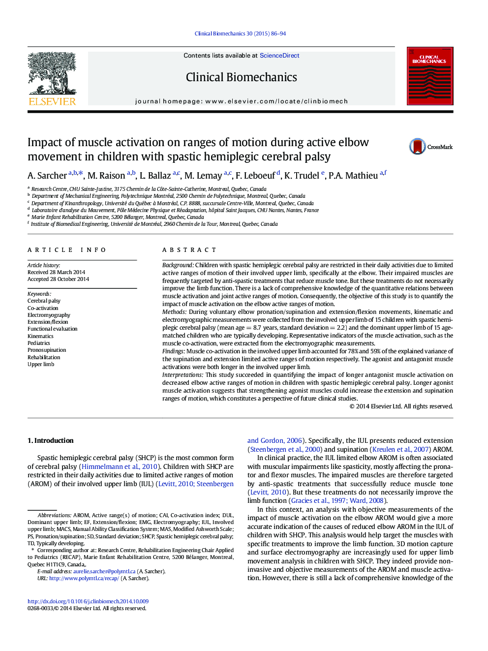 Impact of muscle activation on ranges of motion during active elbow movement in children with spastic hemiplegic cerebral palsy