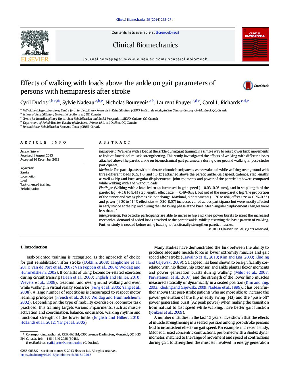 Effects of walking with loads above the ankle on gait parameters of persons with hemiparesis after stroke