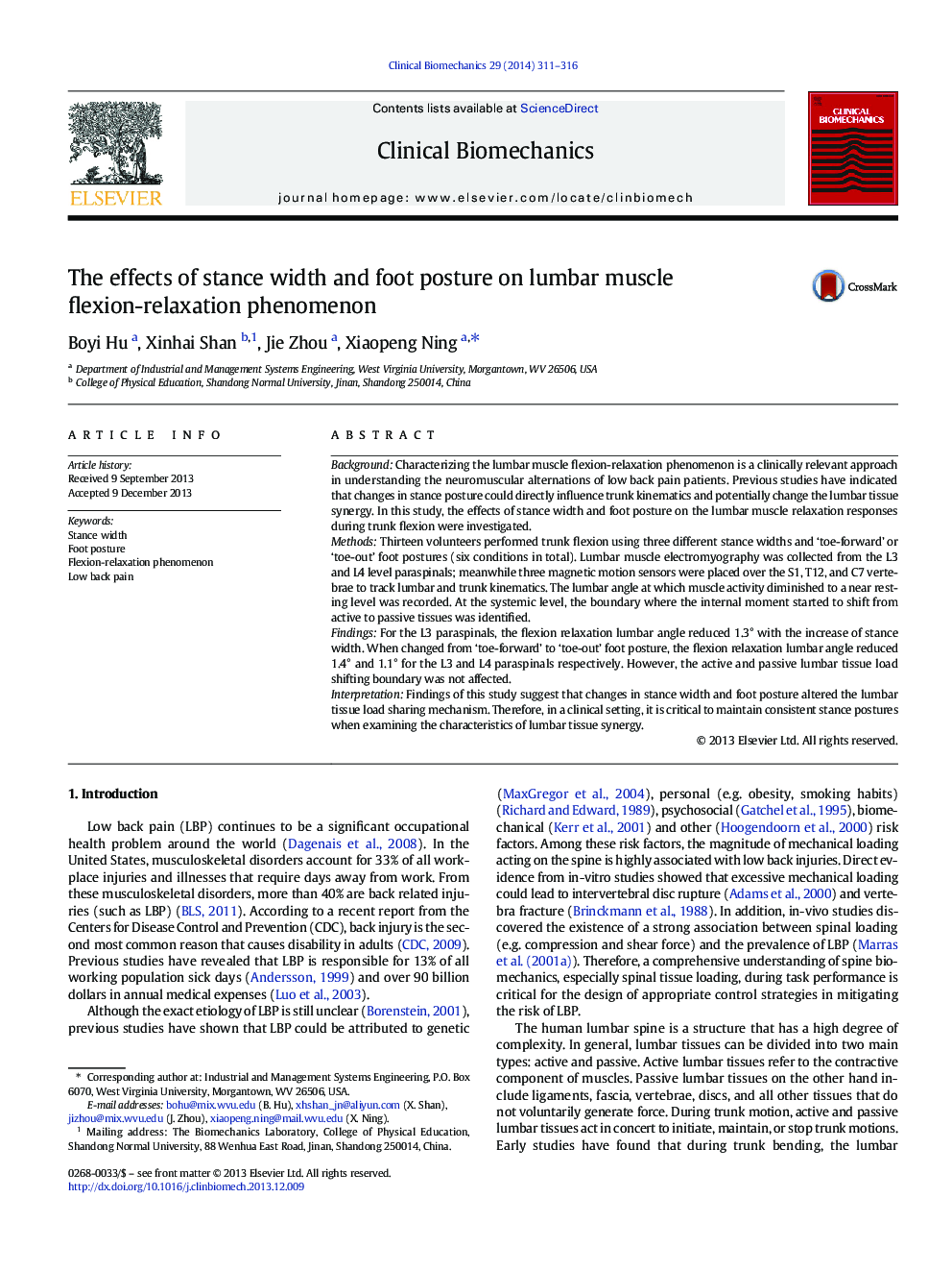 The effects of stance width and foot posture on lumbar muscle flexion-relaxation phenomenon