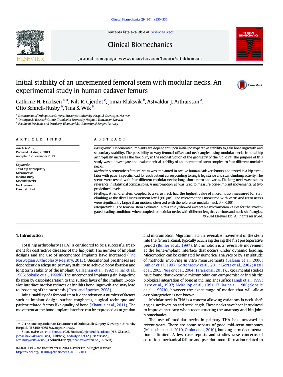 Initial stability of an uncemented femoral stem with modular necks. An experimental study in human cadaver femurs