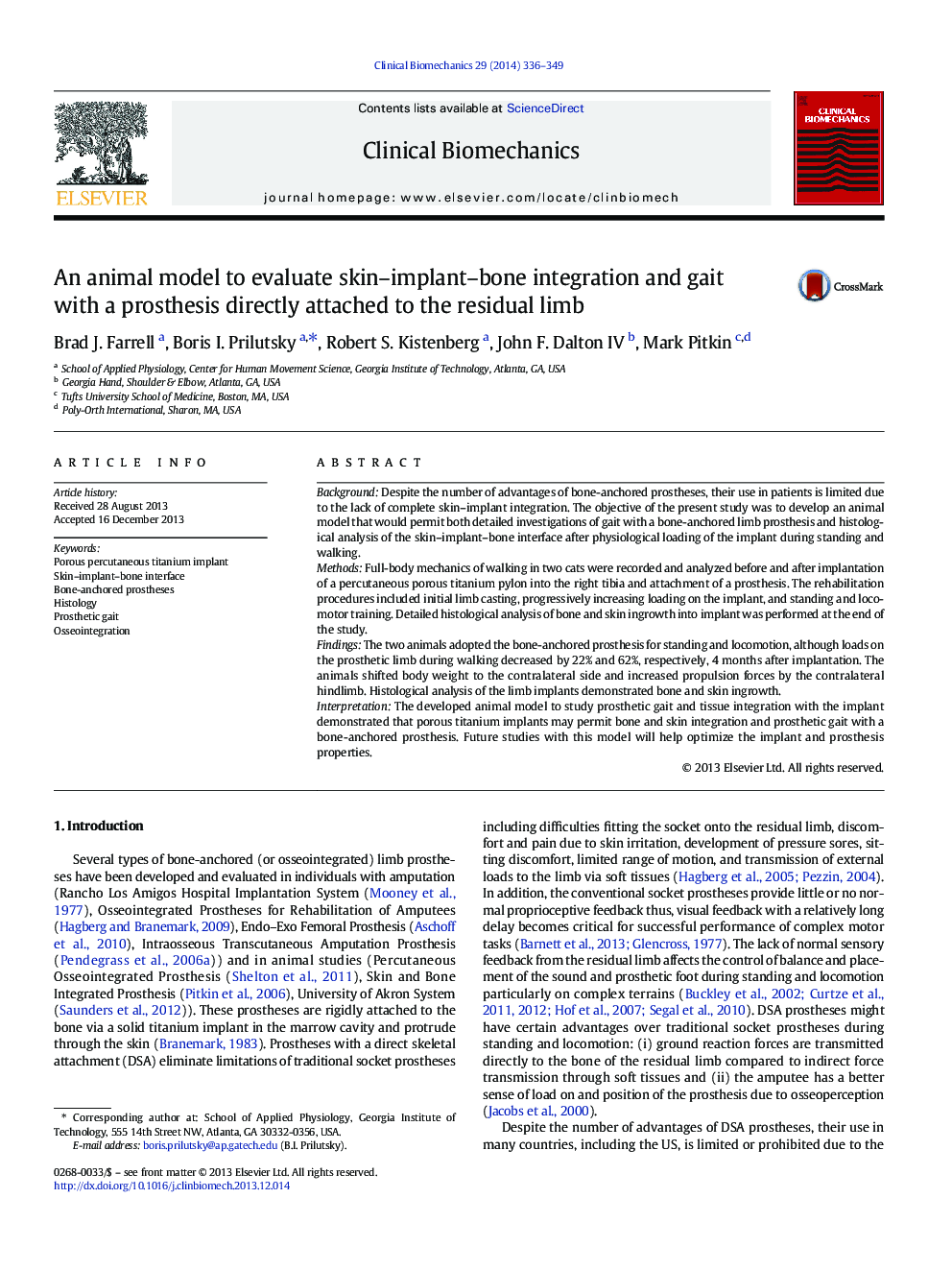 An animal model to evaluate skin–implant–bone integration and gait with a prosthesis directly attached to the residual limb