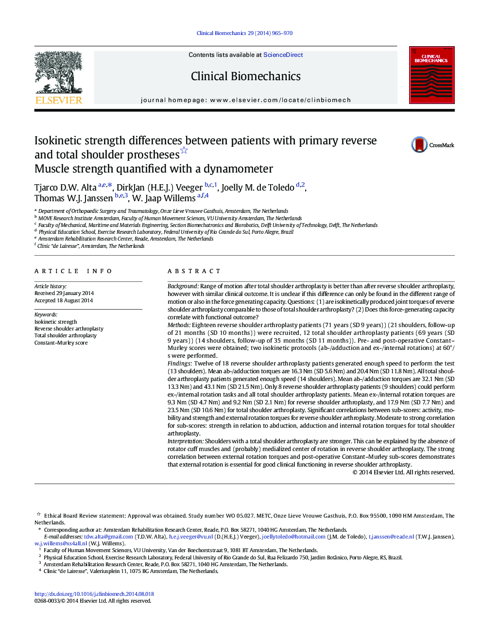 Isokinetic strength differences between patients with primary reverse and total shoulder prostheses : Muscle strength quantified with a dynamometer