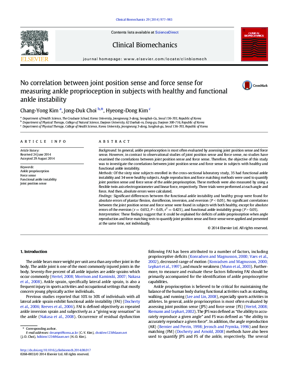 No correlation between joint position sense and force sense for measuring ankle proprioception in subjects with healthy and functional ankle instability