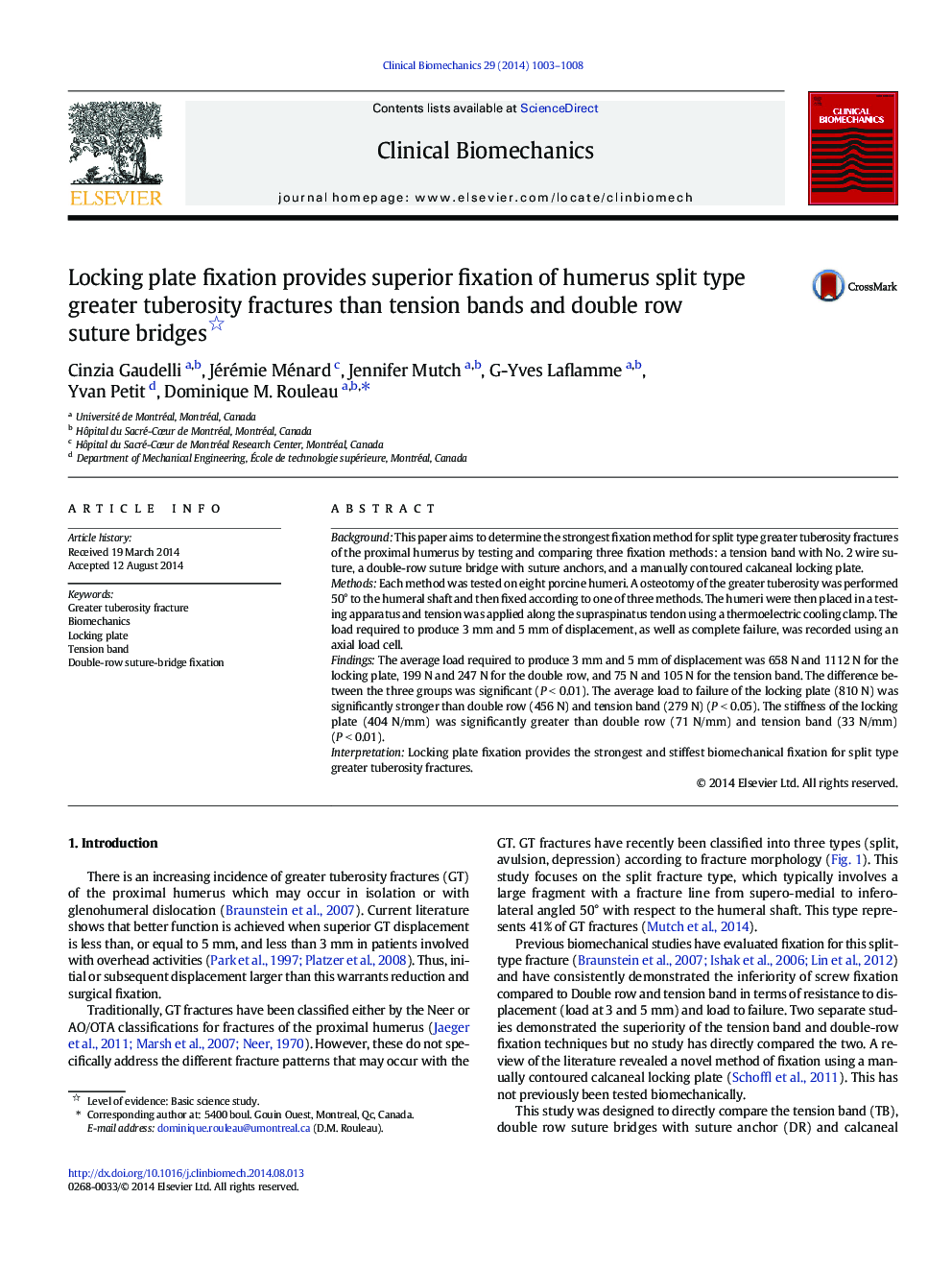 Locking plate fixation provides superior fixation of humerus split type greater tuberosity fractures than tension bands and double row suture bridges 