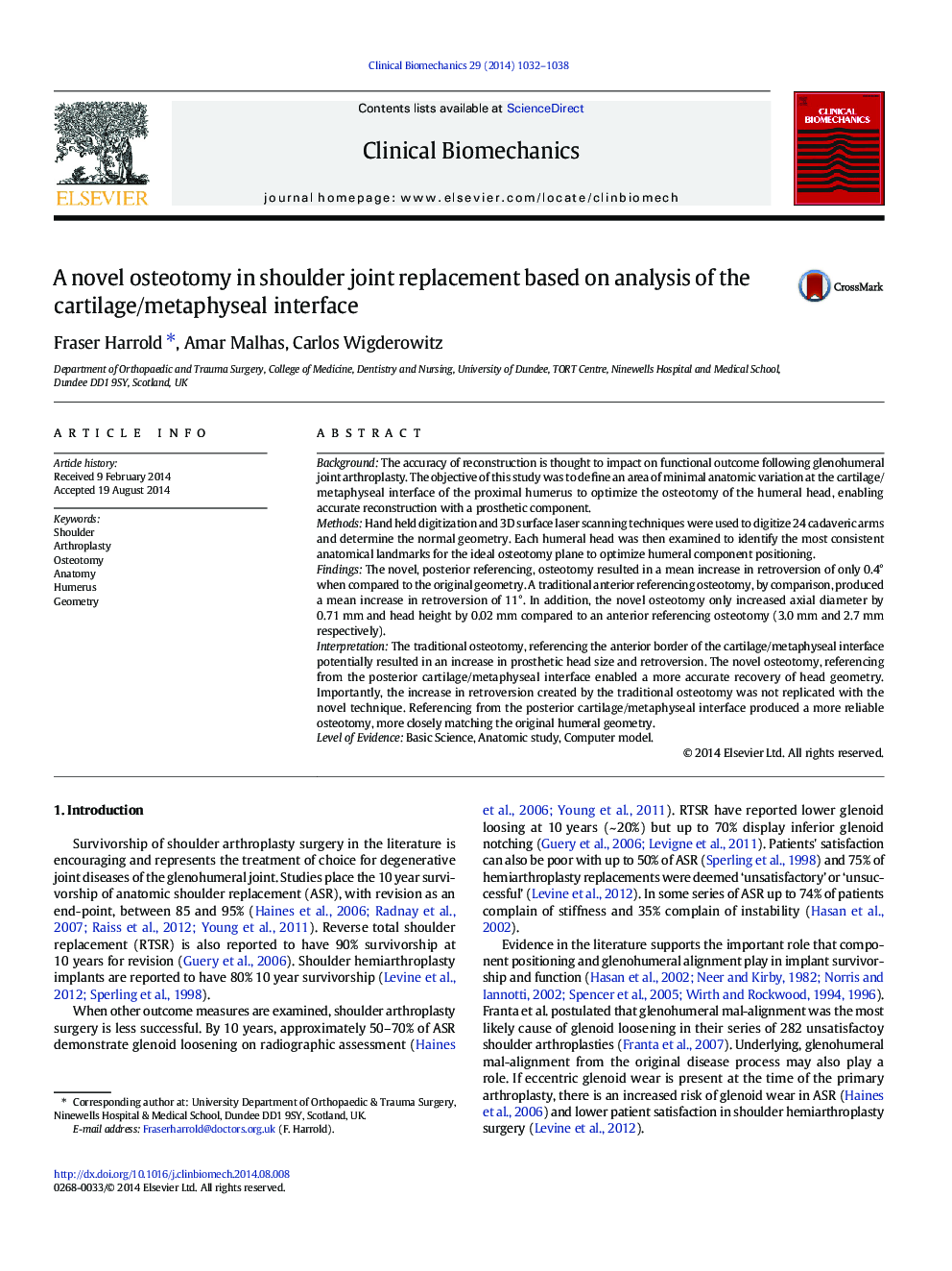 A novel osteotomy in shoulder joint replacement based on analysis of the cartilage/metaphyseal interface