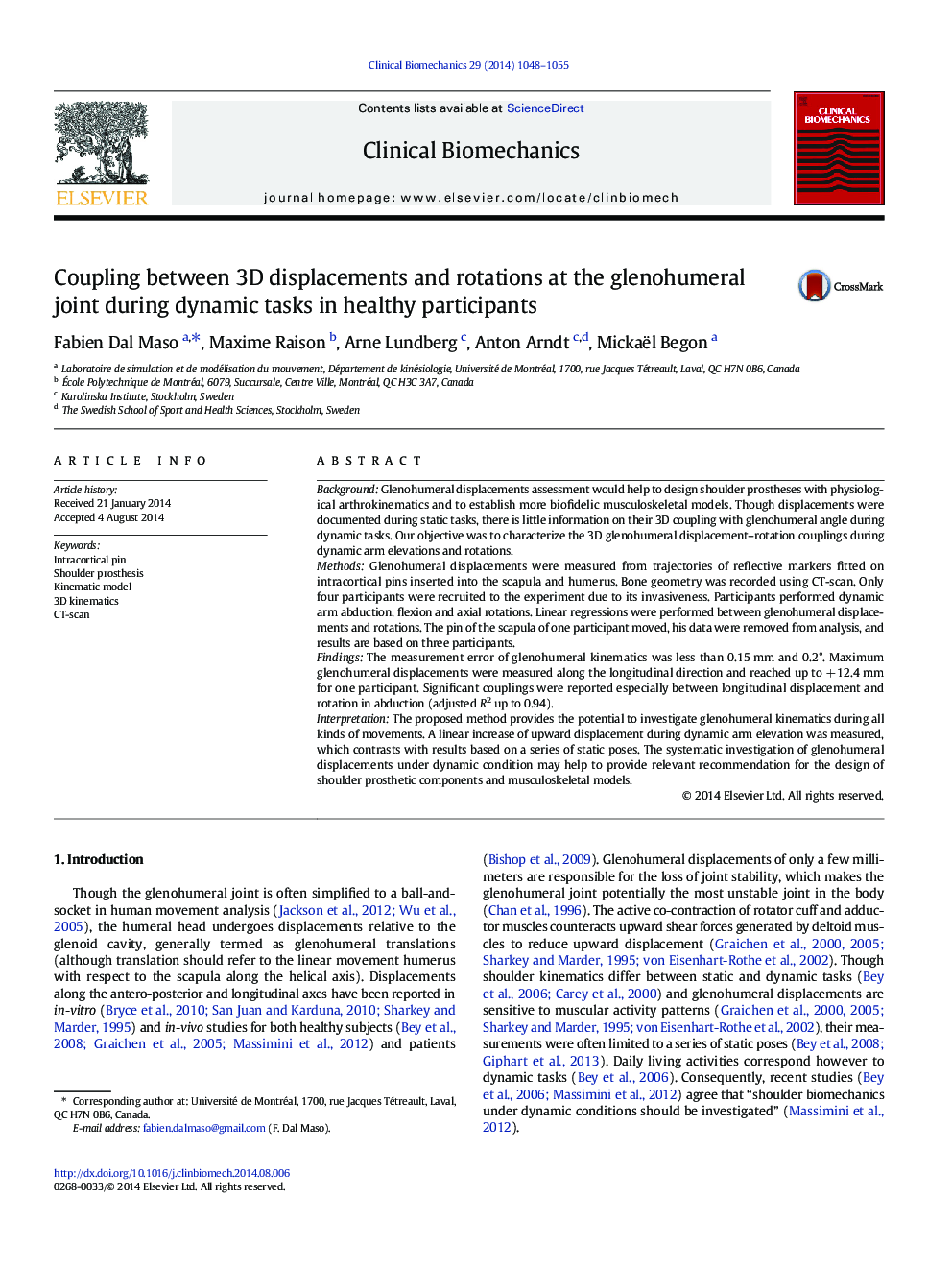 Coupling between 3D displacements and rotations at the glenohumeral joint during dynamic tasks in healthy participants