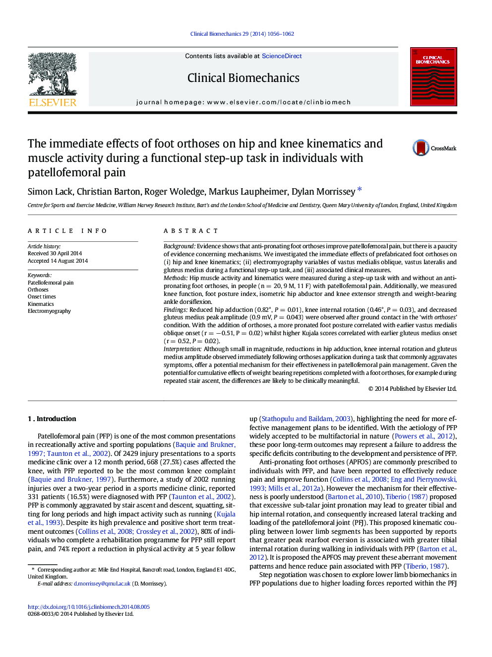 The immediate effects of foot orthoses on hip and knee kinematics and muscle activity during a functional step-up task in individuals with patellofemoral pain