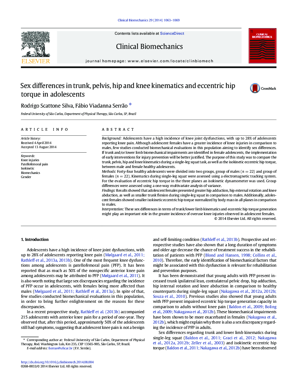 Sex differences in trunk, pelvis, hip and knee kinematics and eccentric hip torque in adolescents