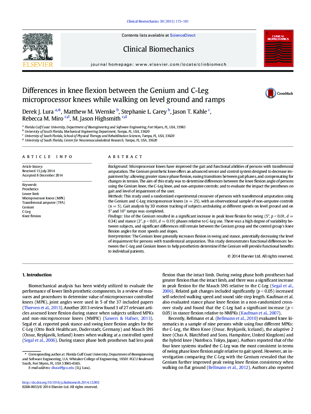 Differences in knee flexion between the Genium and C-Leg microprocessor knees while walking on level ground and ramps