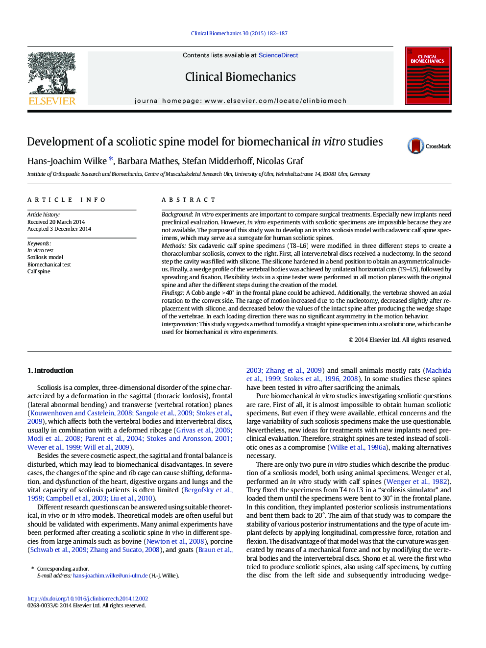 Development of a scoliotic spine model for biomechanical in vitro studies