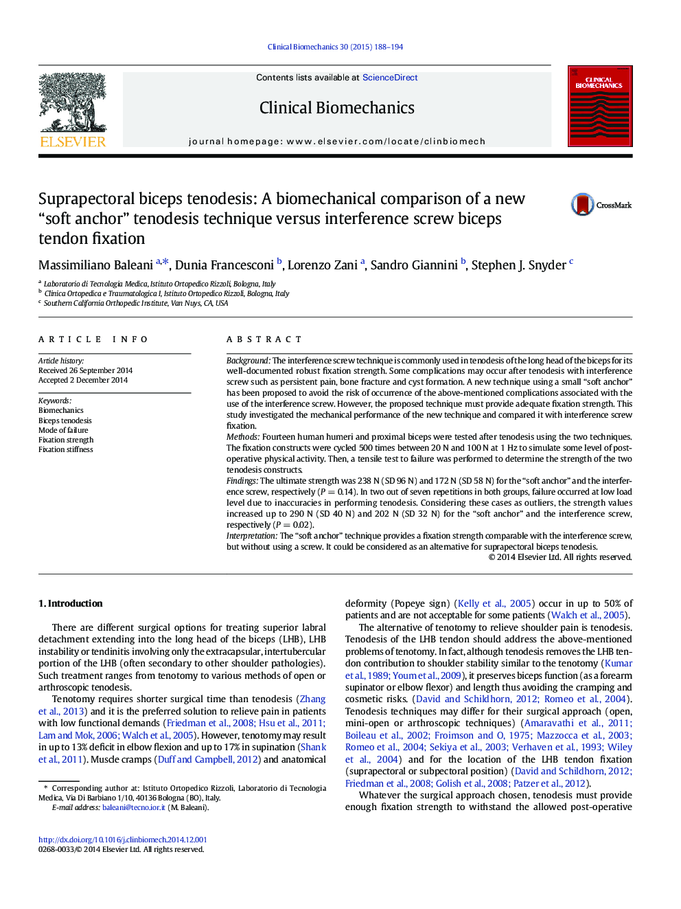 Suprapectoral biceps tenodesis: A biomechanical comparison of a new “soft anchor” tenodesis technique versus interference screw biceps tendon fixation