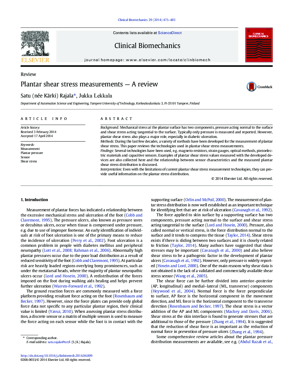 Plantar shear stress measurements — A review