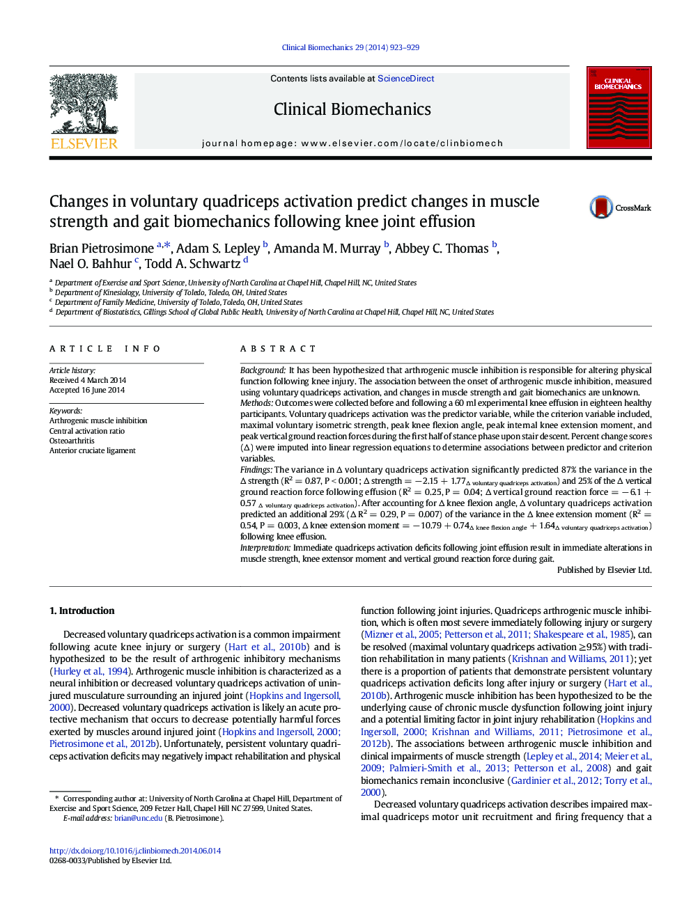 Changes in voluntary quadriceps activation predict changes in muscle strength and gait biomechanics following knee joint effusion