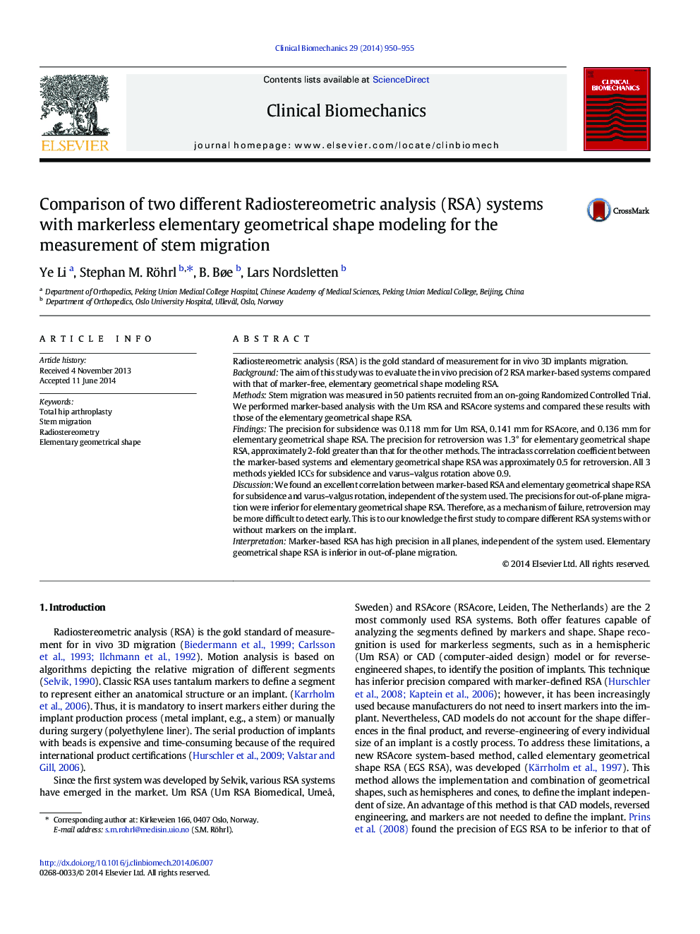 Comparison of two different Radiostereometric analysis (RSA) systems with markerless elementary geometrical shape modeling for the measurement of stem migration