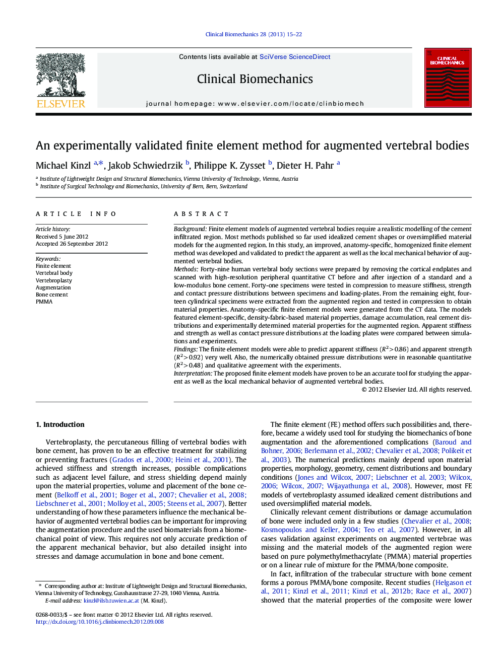 An experimentally validated finite element method for augmented vertebral bodies