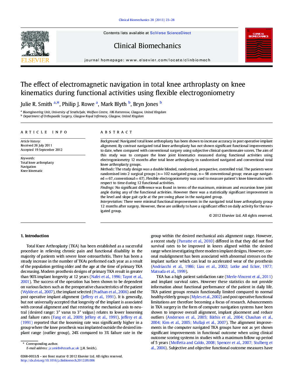 The effect of electromagnetic navigation in total knee arthroplasty on knee kinematics during functional activities using flexible electrogoniometry