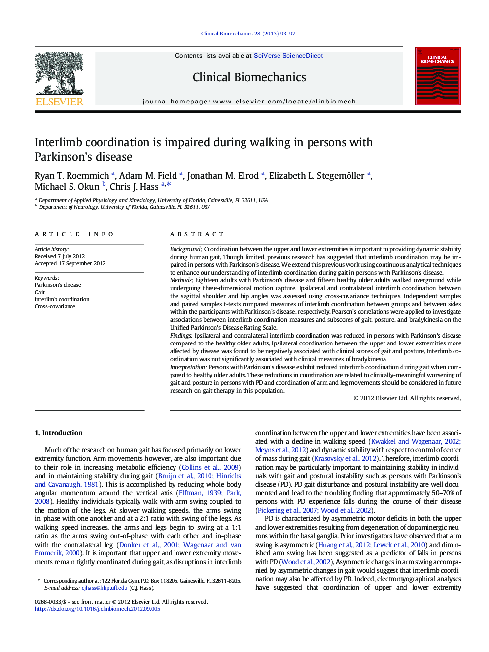 Interlimb coordination is impaired during walking in persons with Parkinson's disease