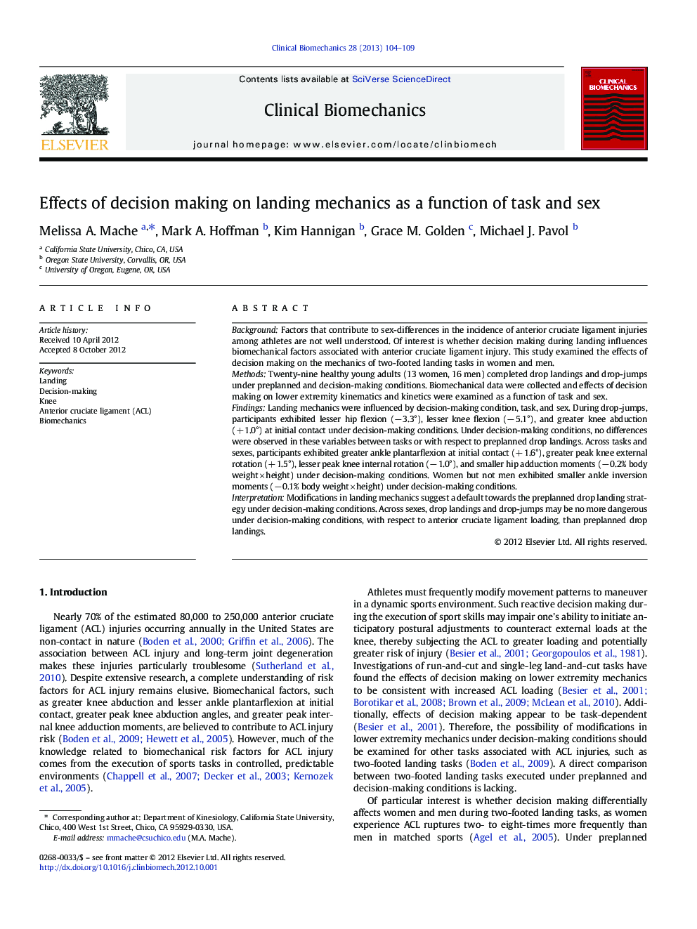 Effects of decision making on landing mechanics as a function of task and sex