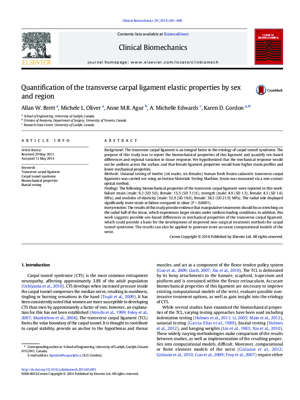 Quantification of the transverse carpal ligament elastic properties by sex and region