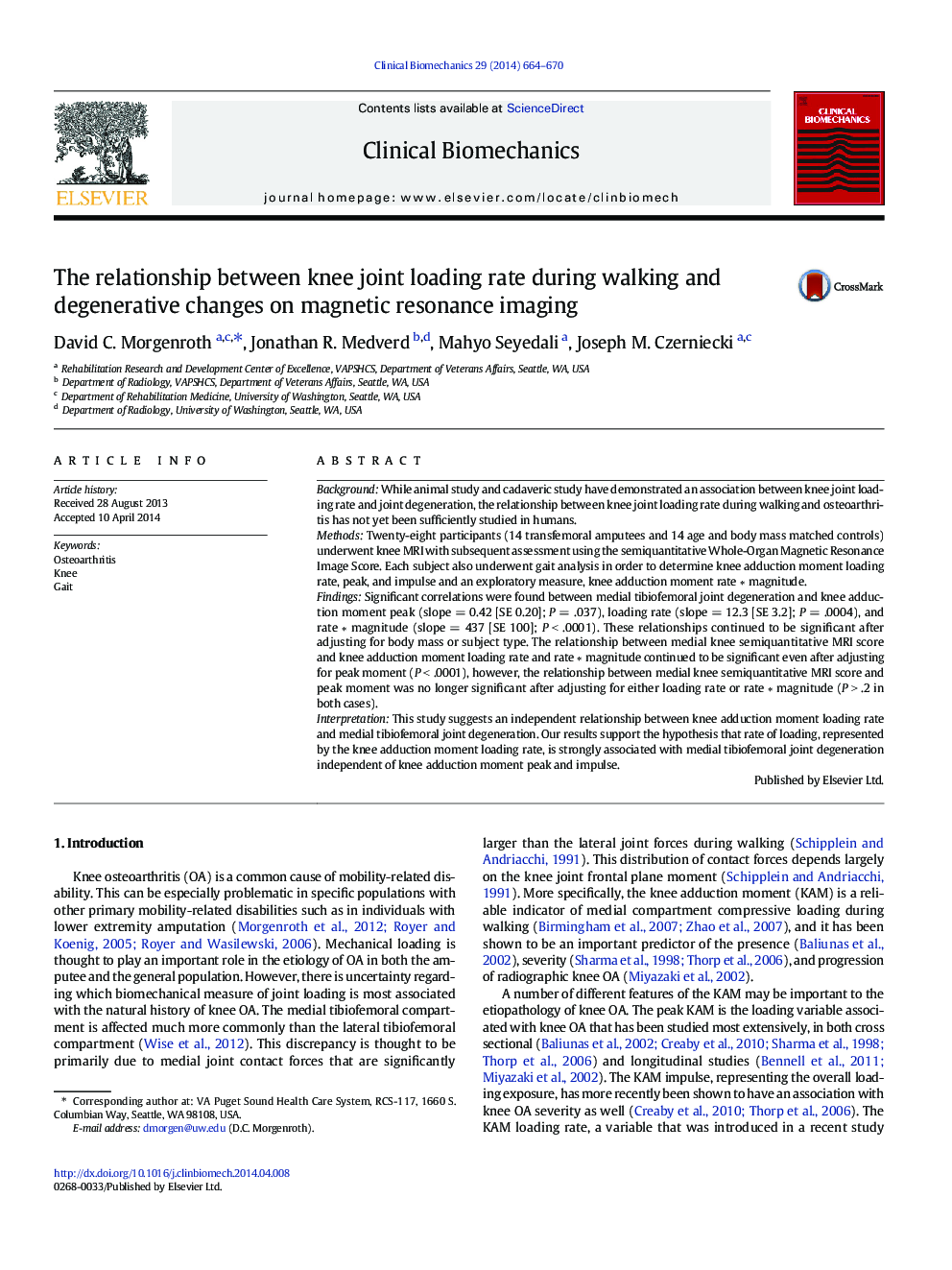 The relationship between knee joint loading rate during walking and degenerative changes on magnetic resonance imaging