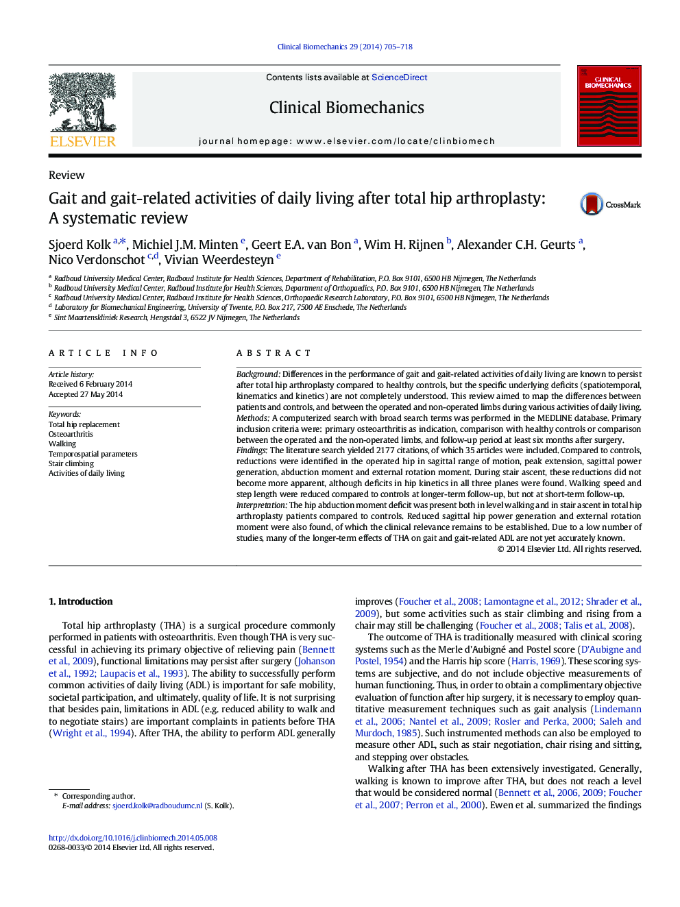 Gait and gait-related activities of daily living after total hip arthroplasty: A systematic review