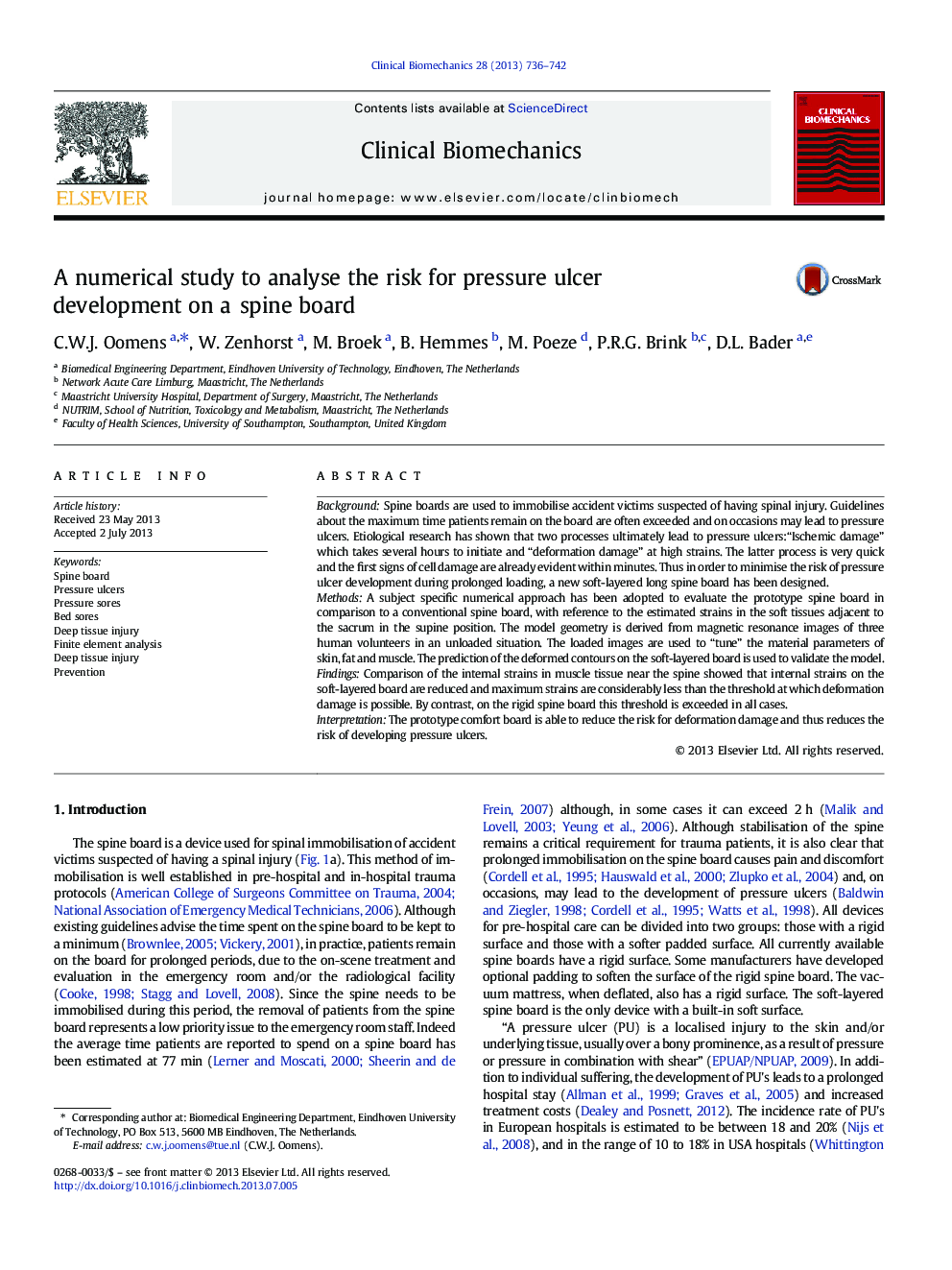 A numerical study to analyse the risk for pressure ulcer development on a spine board