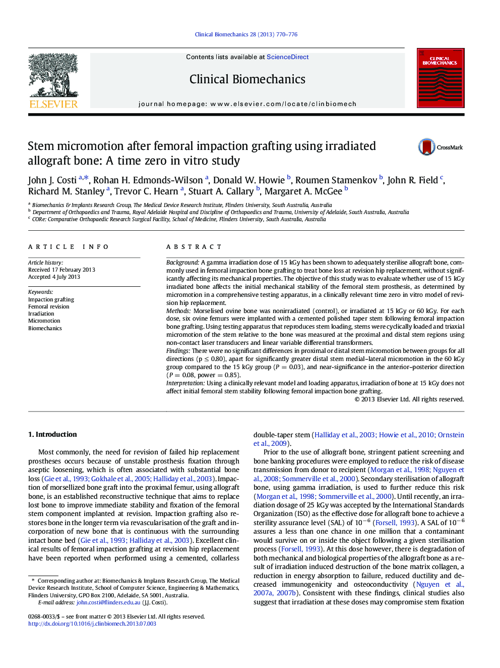 Stem micromotion after femoral impaction grafting using irradiated allograft bone: A time zero in vitro study