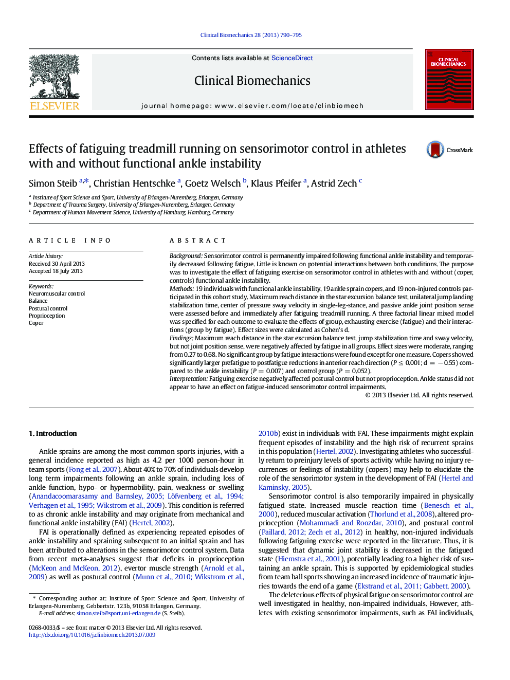 Effects of fatiguing treadmill running on sensorimotor control in athletes with and without functional ankle instability