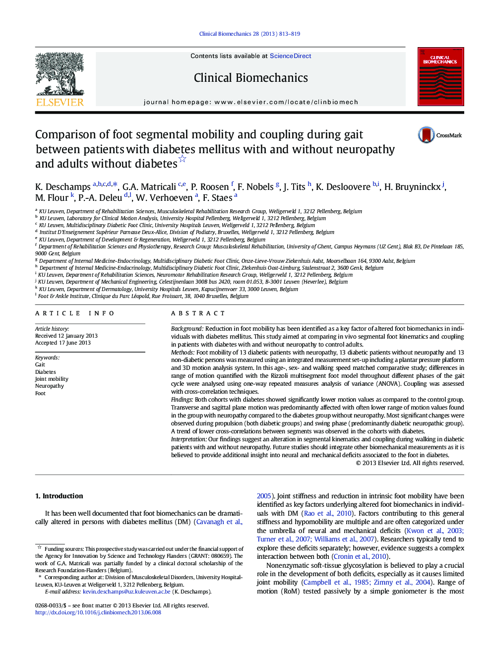 Comparison of foot segmental mobility and coupling during gait between patients with diabetes mellitus with and without neuropathy and adults without diabetes 