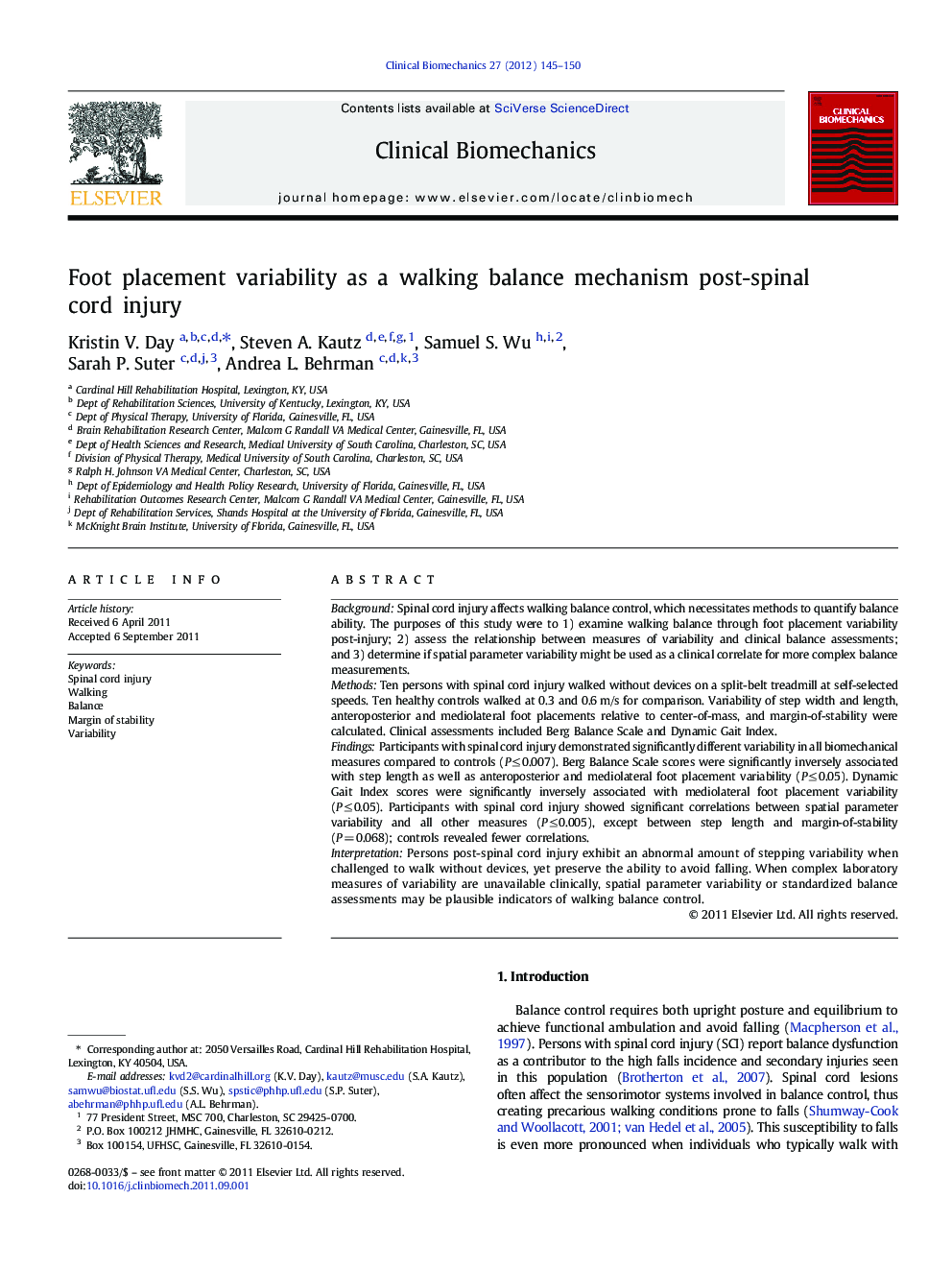 Foot placement variability as a walking balance mechanism post-spinal cord injury