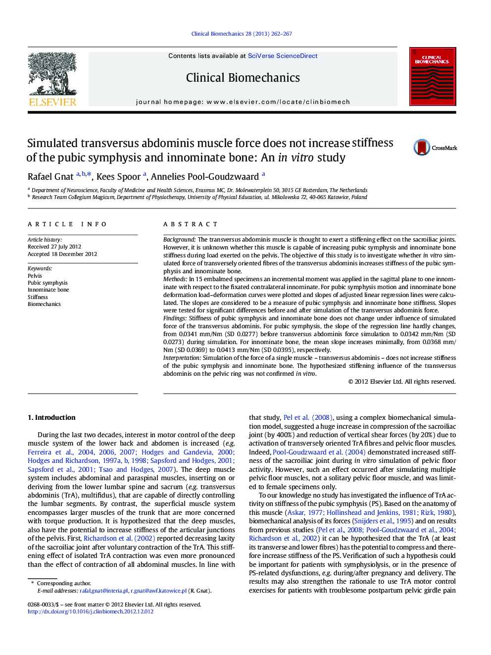 Simulated transversus abdominis muscle force does not increase stiffness of the pubic symphysis and innominate bone: An in vitro study