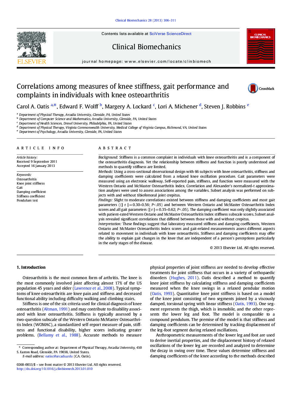 Correlations among measures of knee stiffness, gait performance and complaints in individuals with knee osteoarthritis