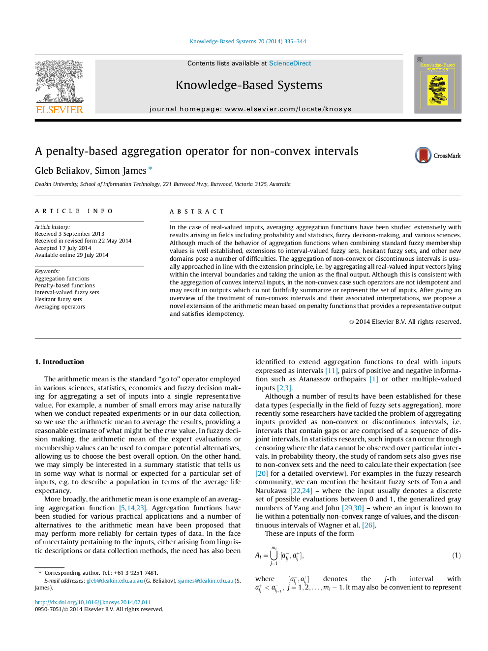 A penalty-based aggregation operator for non-convex intervals