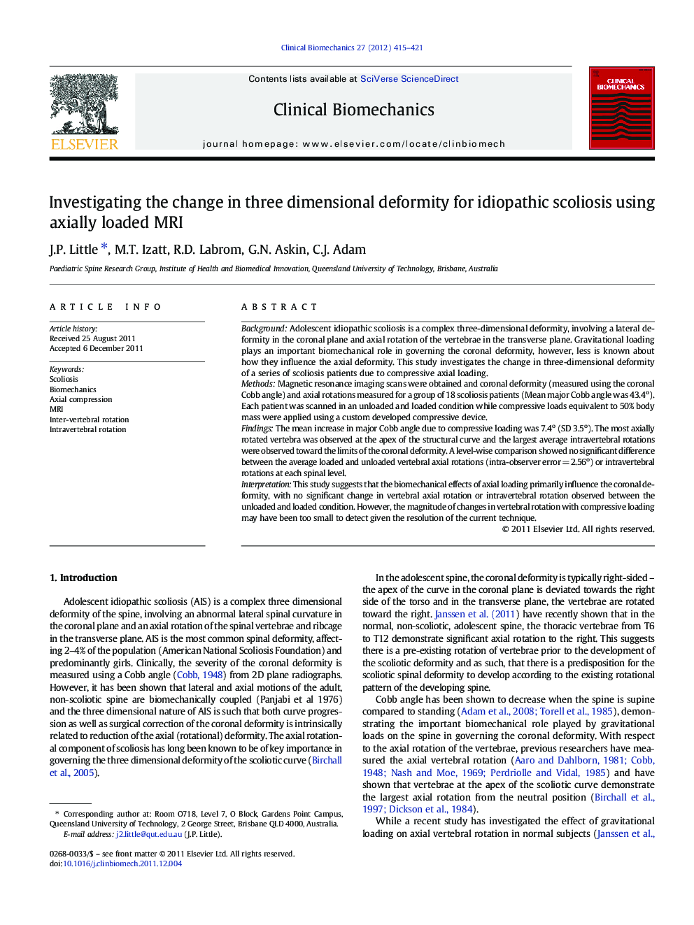 Investigating the change in three dimensional deformity for idiopathic scoliosis using axially loaded MRI