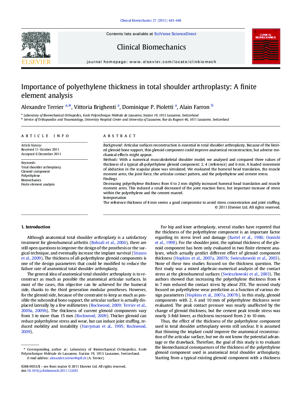 Importance of polyethylene thickness in total shoulder arthroplasty: A finite element analysis